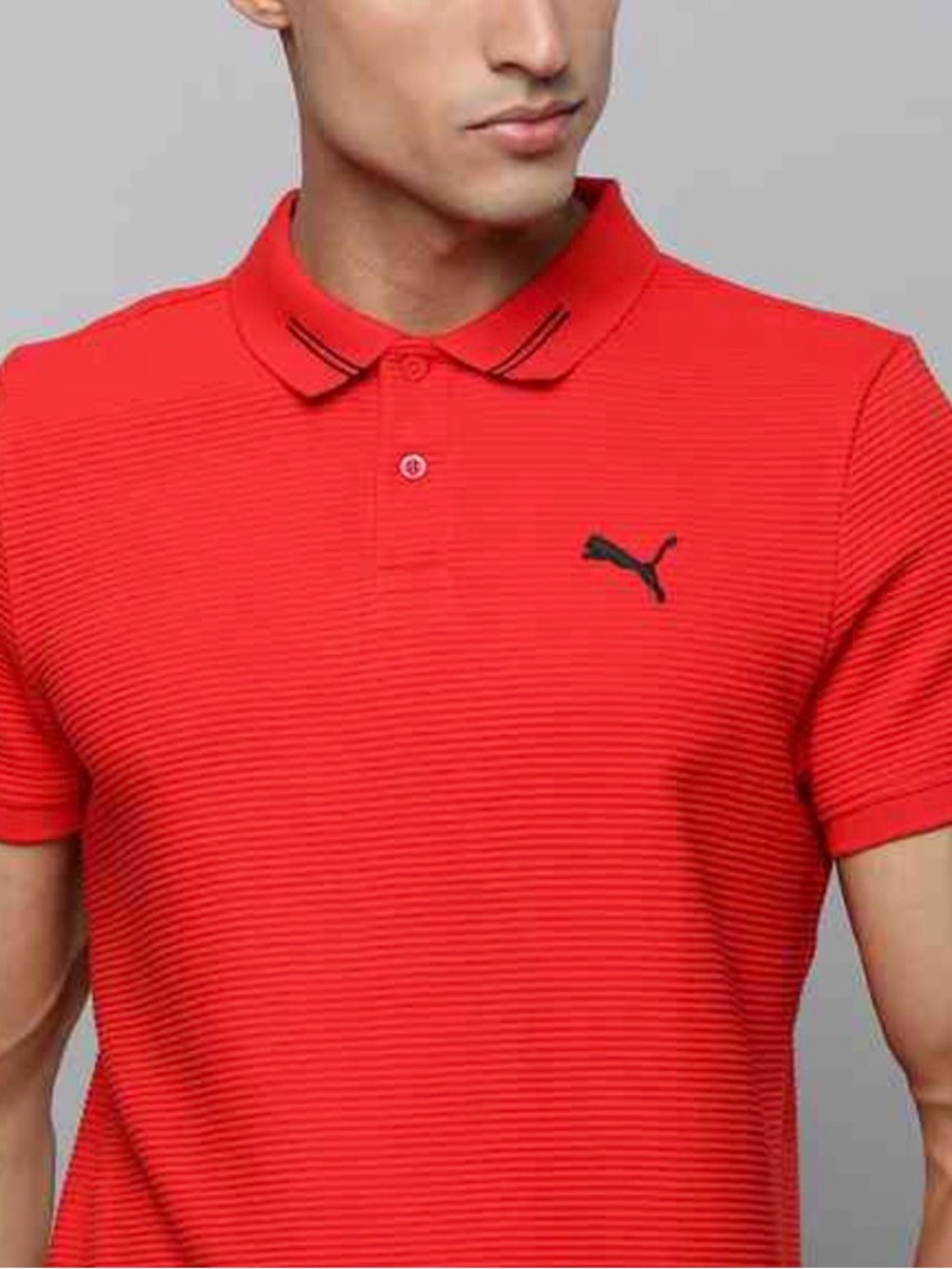 PUMA Youth Small Bright Red Textured Polo Shirt Black Logo Short Sleeve